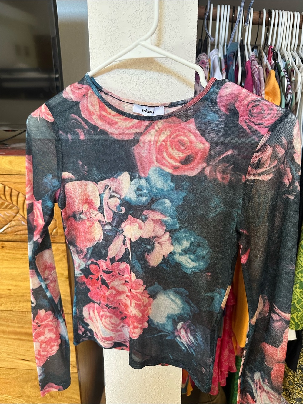 Miaou Black Sheer Long-Sleeve Top with Pink & Blue Floral Print